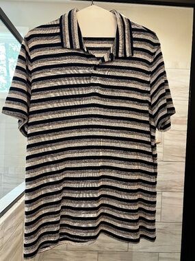 Really, Sharp Knitted Blue and Grey Striped Shirt by Liverpool XL
